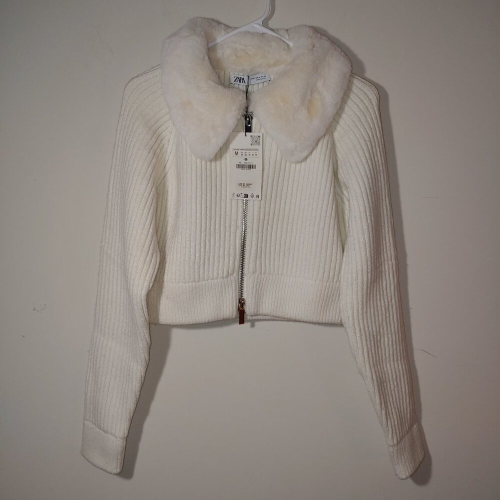 ZARA FAUX FUR COLLAR RIB KNIT FULL ZIP CROP CARDIGAN Size M Cream
